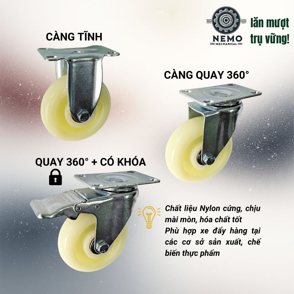 Bánh Xe Nylon Trắng Chịu Tải – Chuyên Dụng Kho Lạnh, Phòng Sạch (D75, D100, D125)